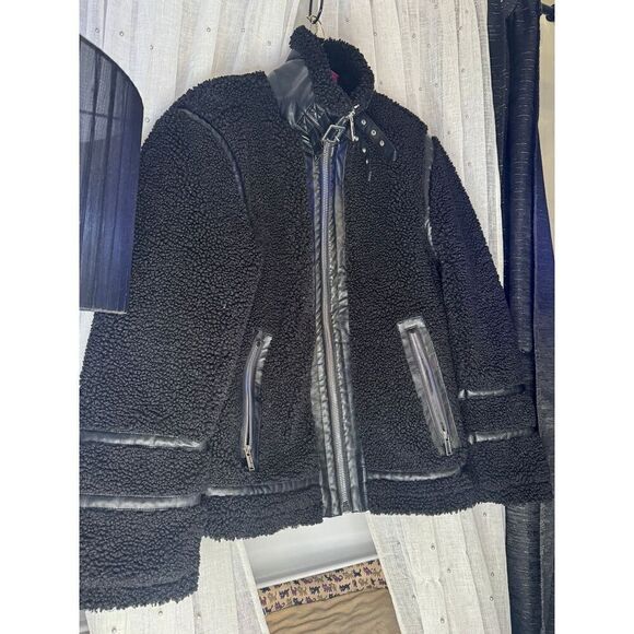 Karl lagerfield black sherpa aviator -moto jacket/coat/ bomber sz Small - Picture 6 of 11